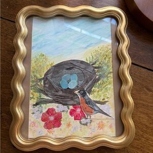 8x10 Framed Robin Nest Original Watercolor and Acrylic Painting Collage Artwork